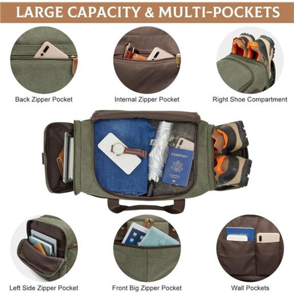 Large Canvas Travel Duffel Bag Weekend Overnight Bag with Shoes - Picture 11 of 14